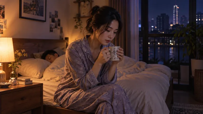 Người phụ nữ ngồi bên mép giường lúc đêm, tay ôm cốc trà, trầm tư