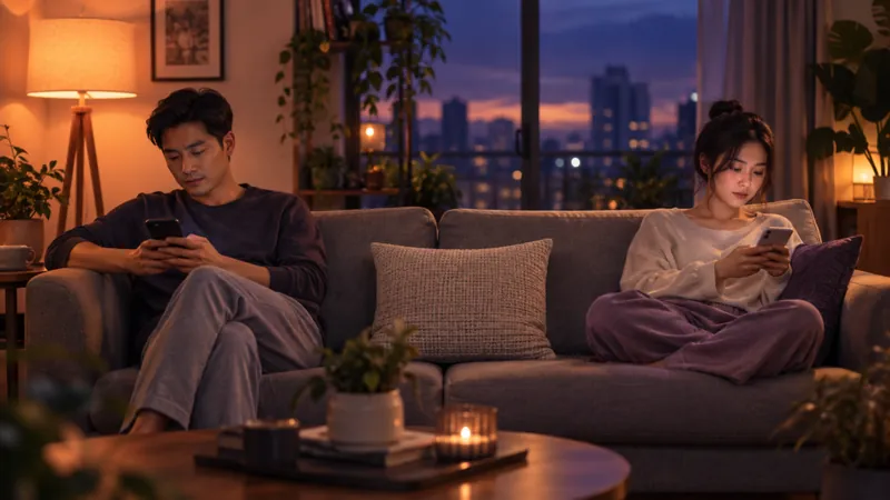 Hai vợ chồng ngồi hai đầu sofa buổi tối, mỗi người nhìn điện thoại của mình