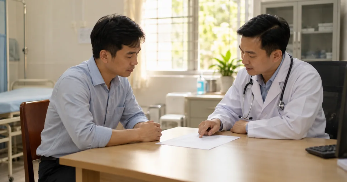 Người đàn ông ngồi nghe bác sĩ nam khoa giải thích một tờ kết quả trên bàn trong phòng tư vấn sáng ánh nắng