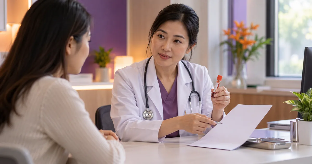 Người phụ nữ ngồi trao đổi với bác sĩ sản phụ khoa, bác sĩ cầm ống mẫu máu nhỏ và giải thích kết quả xét nghiệm AMH