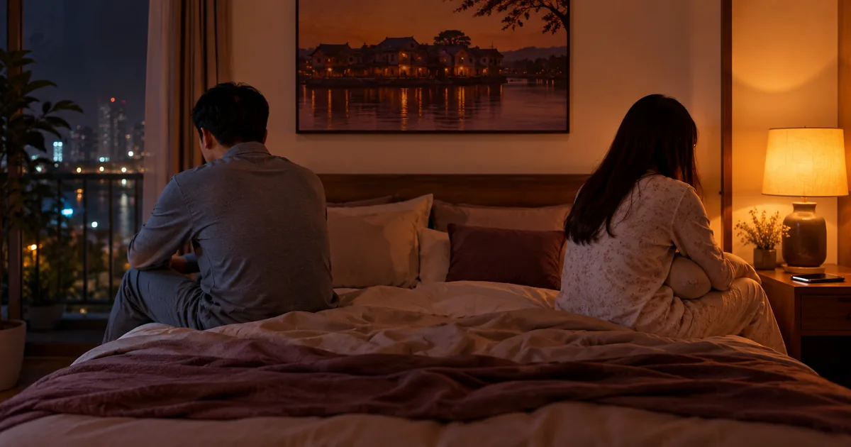 Hai vợ chồng ngồi quay lưng ở hai mép giường trong phòng ngủ buổi tối, khoảng cách vì áp lực mong con