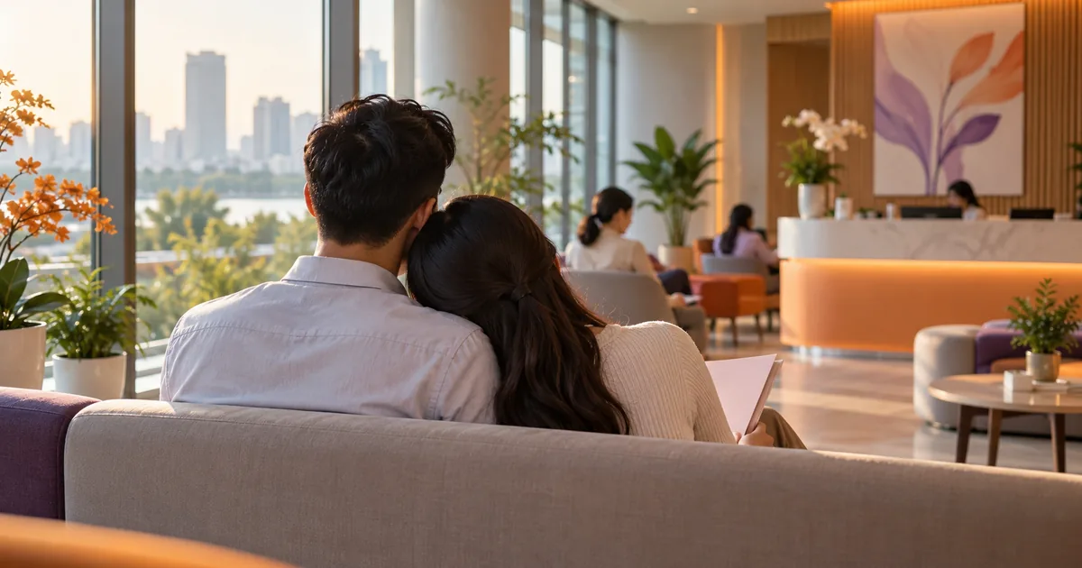 Hai vợ chồng ngồi tựa vào nhau ở khu chờ của trung tâm sức khoẻ sinh sản, người vợ cầm tập hồ sơ