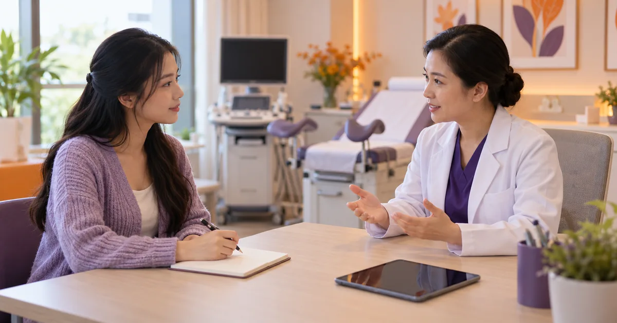 Người phụ nữ trẻ cầm bút ghi chép, trò chuyện với bác sĩ phụ khoa nữ trong phòng tư vấn sáng sủa