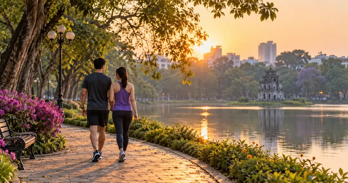 Hai vợ chồng mặc đồ thể thao đi bộ cùng nhau trên lối đi bên hồ lúc bình minh, nhìn từ phía sau