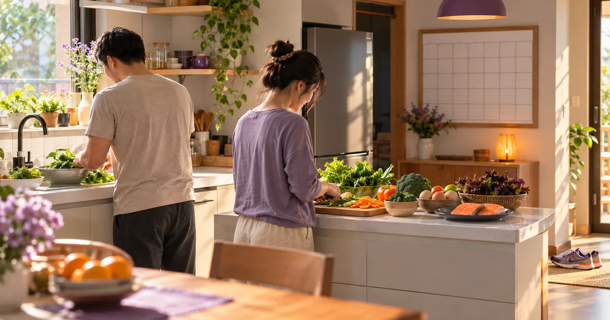 Hai vợ chồng cùng nấu bữa ăn lành mạnh trong bếp với rau xanh, cá và trứng khi chuẩn bị mang thai