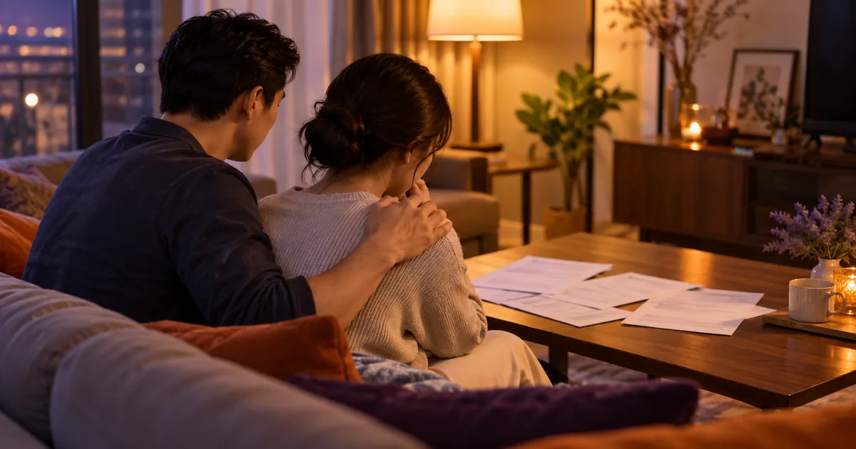 Hai vợ chồng ngồi cạnh nhau trên sofa buổi tối, người chồng đặt tay lên vai vợ, trên bàn có vài tờ kết quả xét nghiệm