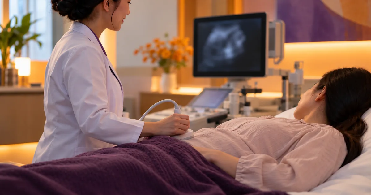Người phụ nữ nằm trên giường siêu âm, đắp chăn, nữ bác sĩ cầm đầu dò siêu âm theo dõi vùng bụng dưới, màn hình siêu âm phía sau