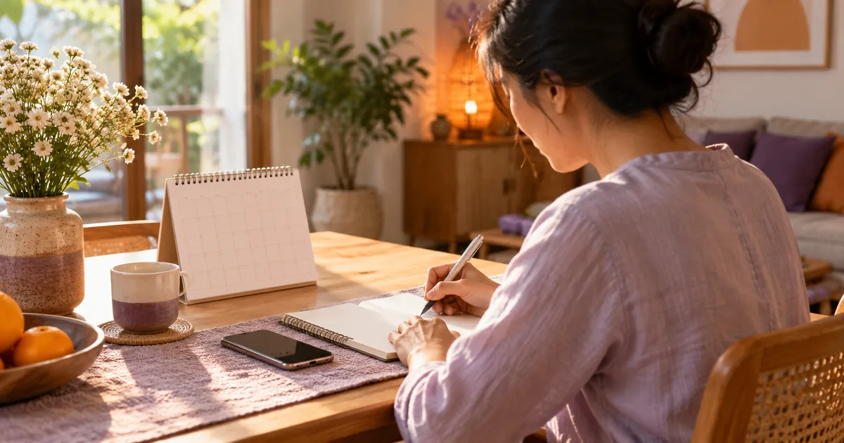 Người phụ nữ ngồi bên bàn gỗ trong nhà, cầm bút ghi vào cuốn sổ tay cạnh lịch để bàn trống và điện thoại, ánh sáng buổi sáng