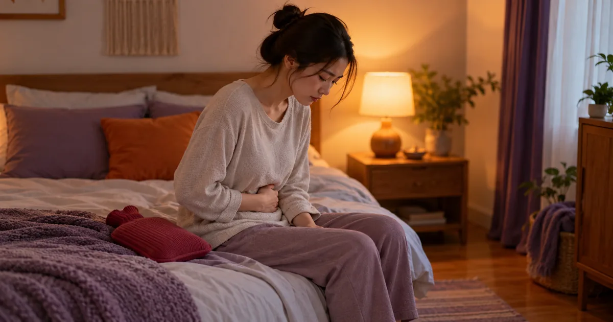 Người phụ nữ ngồi bên mép giường trong phòng ngủ, một tay đặt lên bụng dưới, cúi đầu vì đau bụng kinh