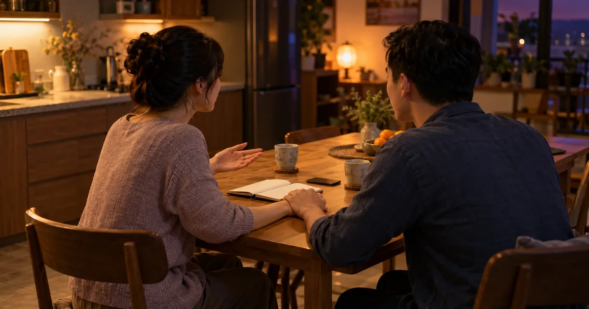 Hai vợ chồng ngồi cạnh nhau bên bàn bếp buổi tối, người vợ đang nói, người chồng lắng nghe và nắm tay vợ, trên bàn có cuốn sổ và hai tách trà