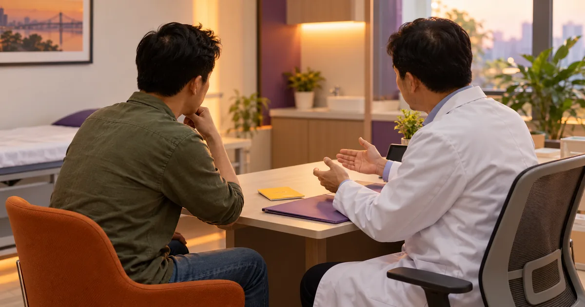 Người đàn ông trao đổi với bác sĩ nam trong phòng tư vấn, trên bàn có sổ tiêm chủng nhỏ màu vàng và một tập hồ sơ