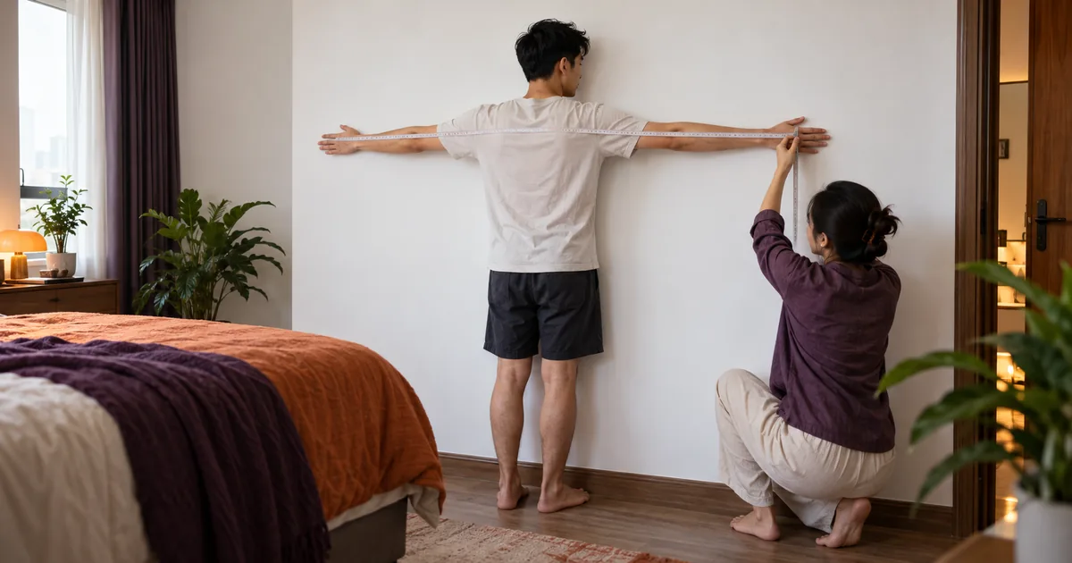 Người đàn ông đứng áp lưng vào tường dang hai tay ngang, người thứ hai quỳ bên cạnh dùng thước dây đo sải tay trong phòng ngủ