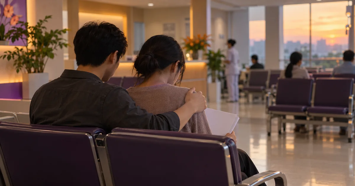 Cặp vợ chồng ngồi sát nhau ở khu chờ bệnh viện nhìn từ phía sau, người vợ cầm tập giấy, người chồng đặt tay lên vai vợ