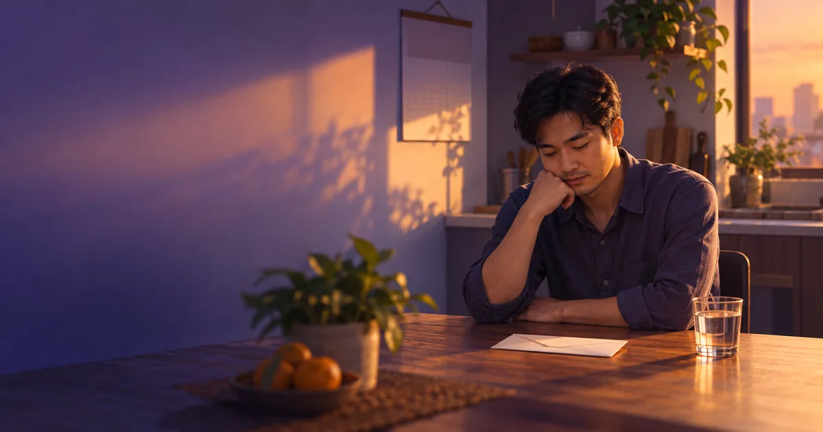 Người đàn ông ngồi một mình bên bàn bếp lúc sáng sớm, trước mặt là phong bì kết quả xét nghiệm chưa mở
