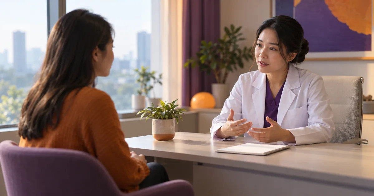 Người phụ nữ trẻ ngồi nghe nữ bác sĩ áo blouse trắng tư vấn bên bàn làm việc trong phòng tư vấn sáng, có chậu cây nhỏ