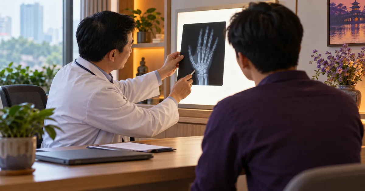 Bác sĩ cầm phim X-quang bàn tay trái đặt trước bảng đèn, giải thích kết quả tuổi xương cho một người đàn ông ngồi đối diện