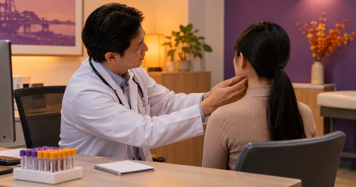 Bác sĩ nhẹ nhàng khám vùng cổ cho một phụ nữ ngồi quay lưng trong phòng tư vấn, trên bàn có giá ống máu xét nghiệm đã đậy kín