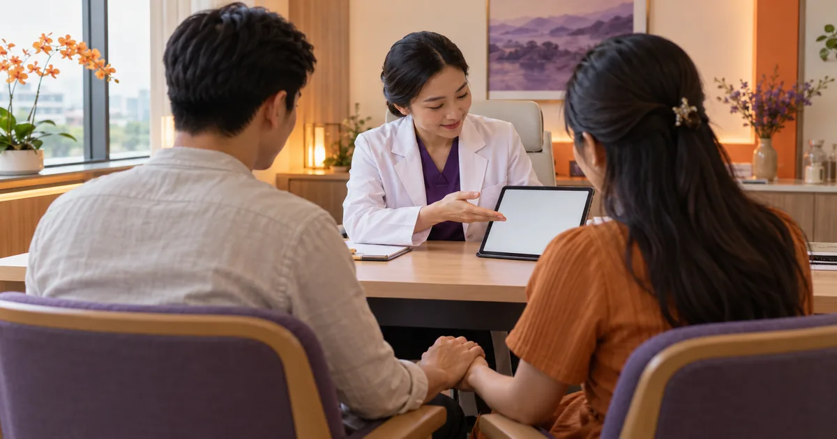 Hai vợ chồng nắm tay nhau ngồi trước bác sĩ, bác sĩ chỉ vào máy tính bảng để giải thích các nguyên nhân chưa có con