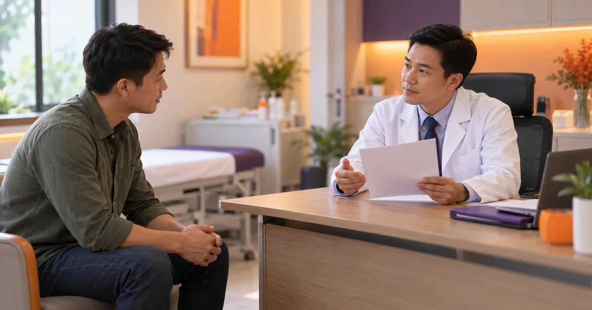 Người đàn ông ngồi trao đổi với bác sĩ nam đang cầm tờ kết quả trắng trong phòng tư vấn